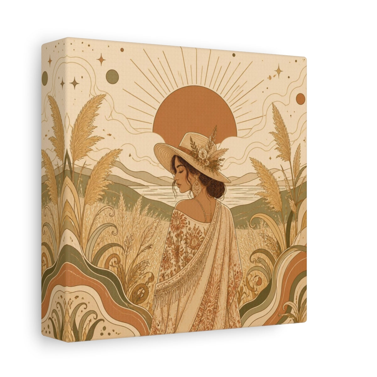 Side Mockup 2. Boho Meadow Woman shown as canvas print