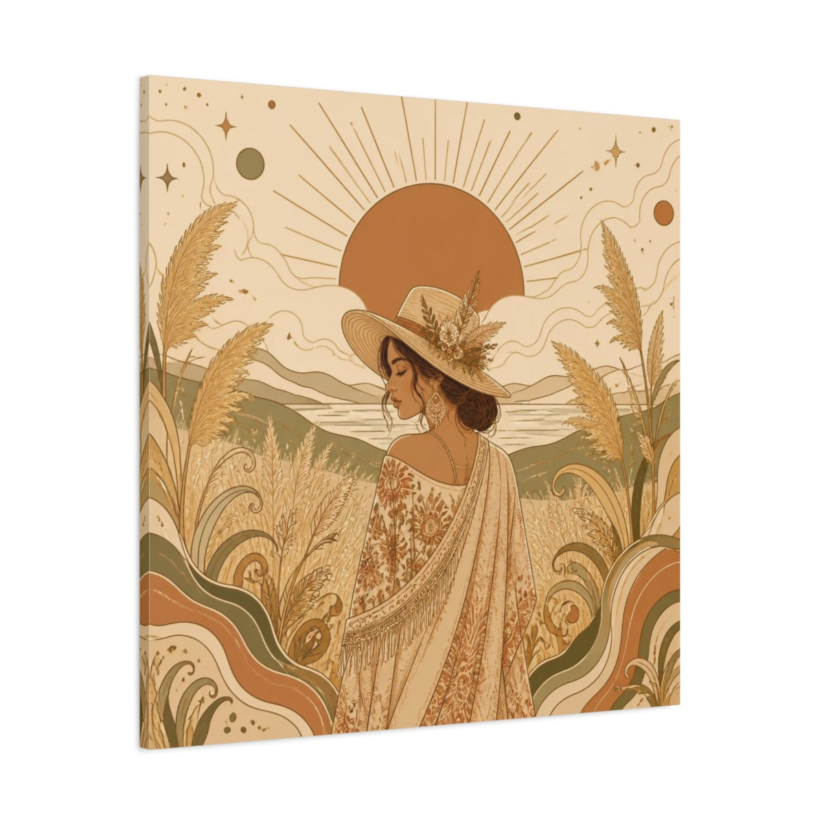 Side Mockup 1. Boho Meadow Woman shown as canvas print