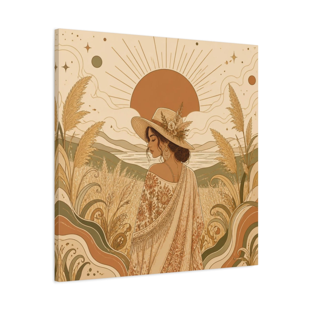 Side Mockup 3. Boho Meadow Woman shown as canvas print
