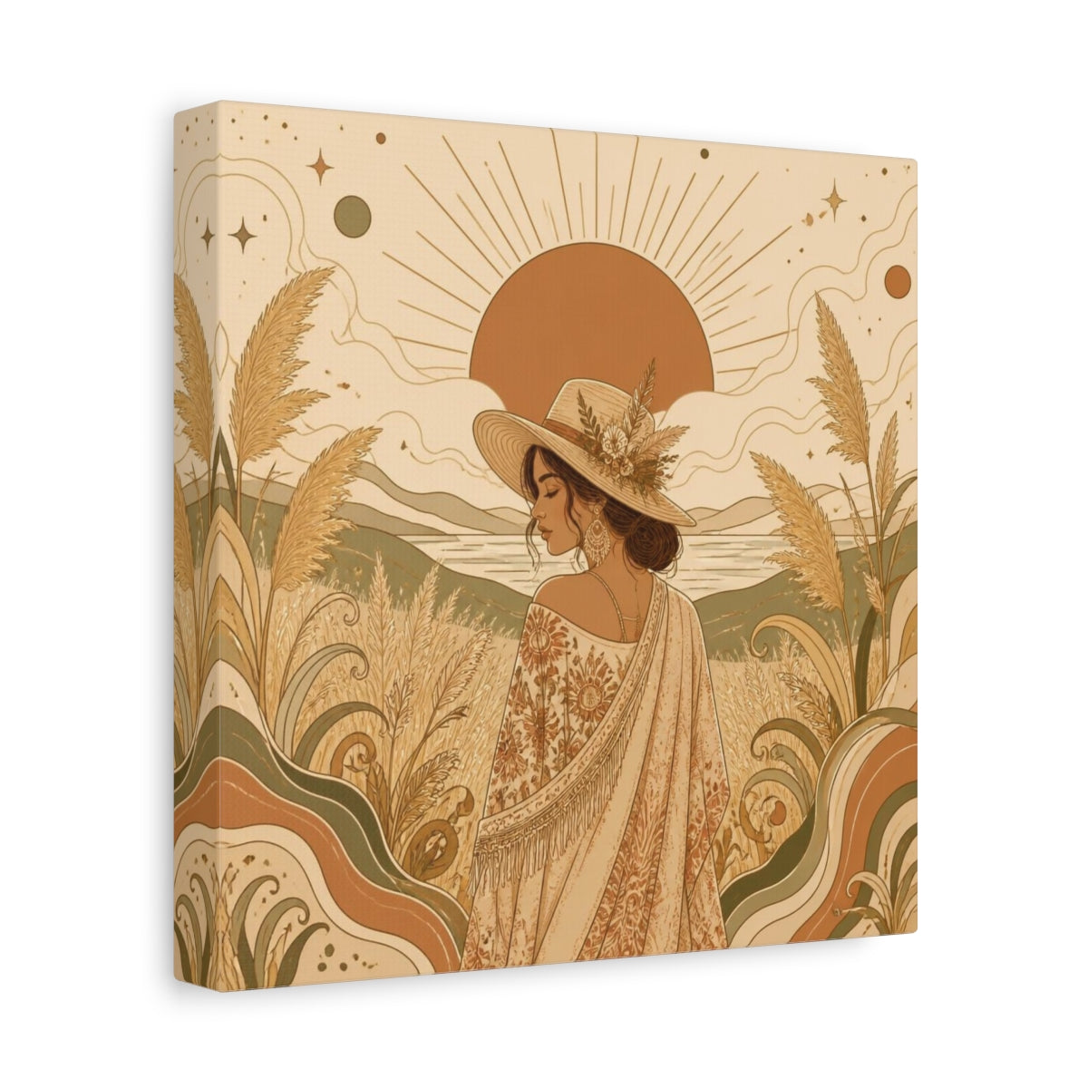 Side Mockup 9. Boho Meadow Woman shown as canvas print