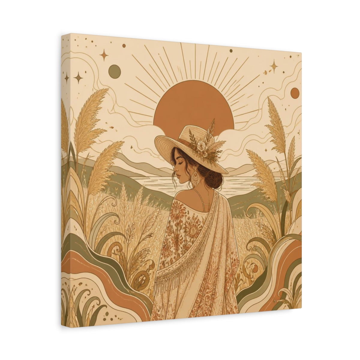 Side Mockup 6. Boho Meadow Woman shown as canvas print