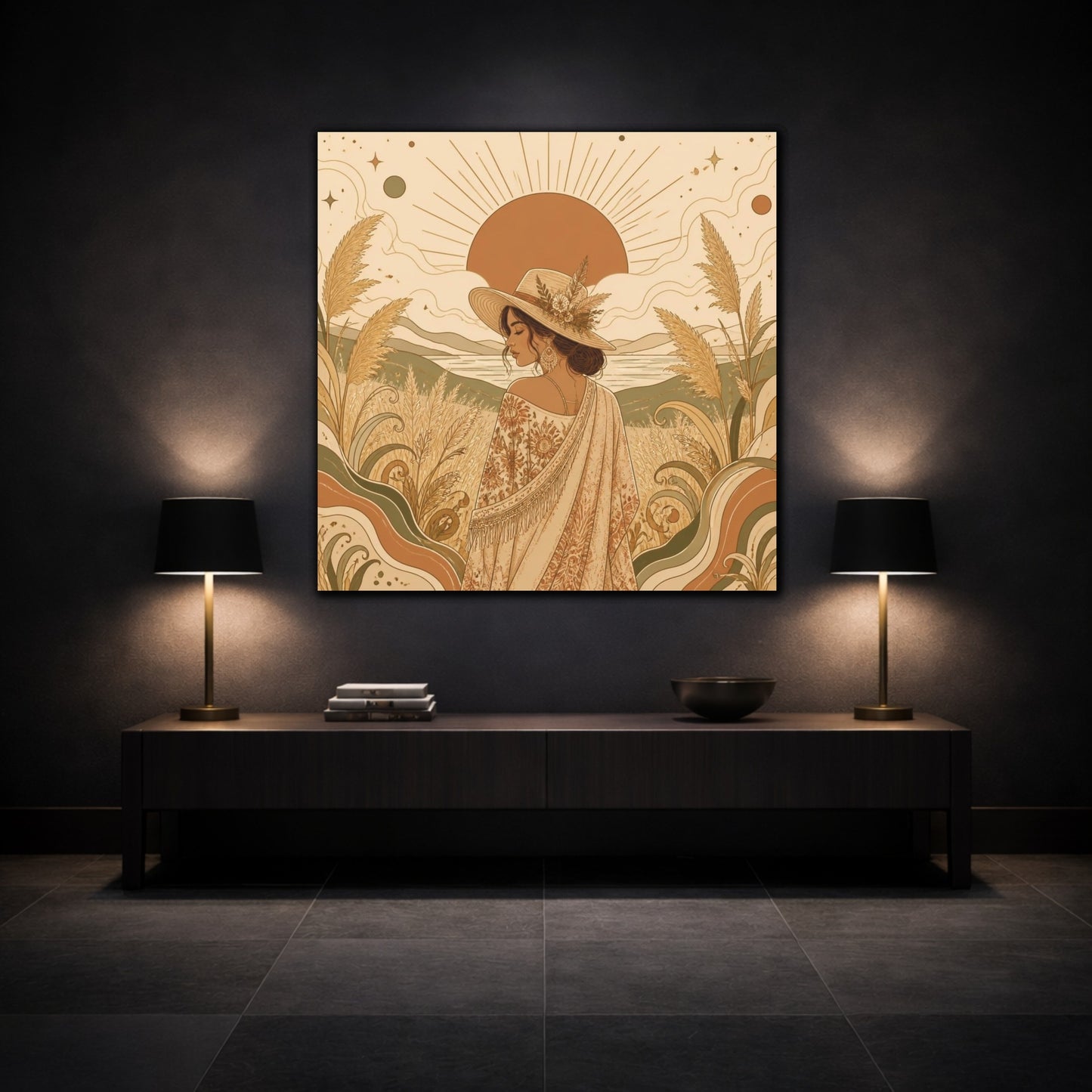 Mockup 3. Boho Meadow Woman shown as canvas print