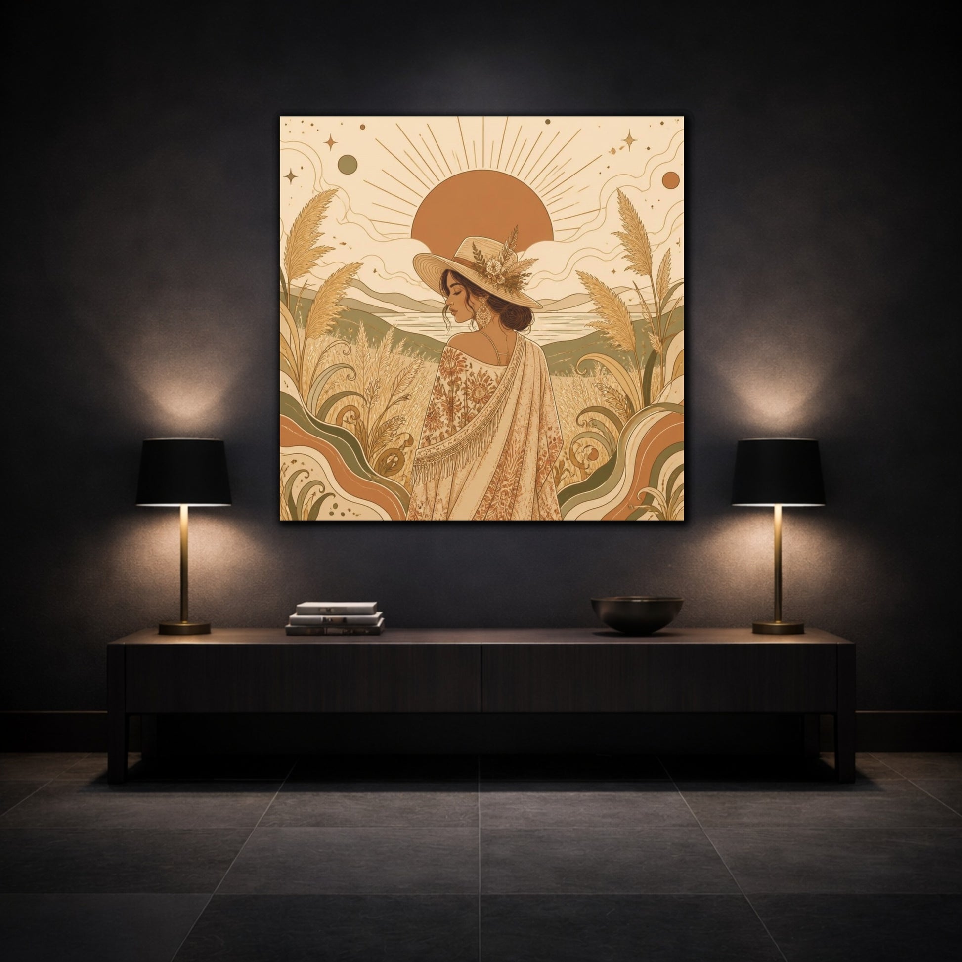 Mockup 3. Boho Meadow Woman shown as canvas print
