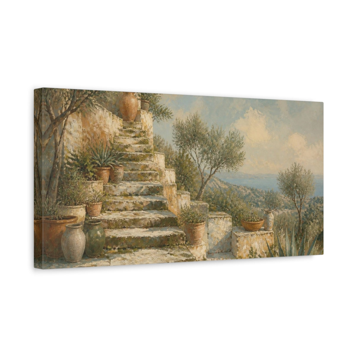 Side Mockup 3. Boho Mediterranean Stone Steps shown as canvas print