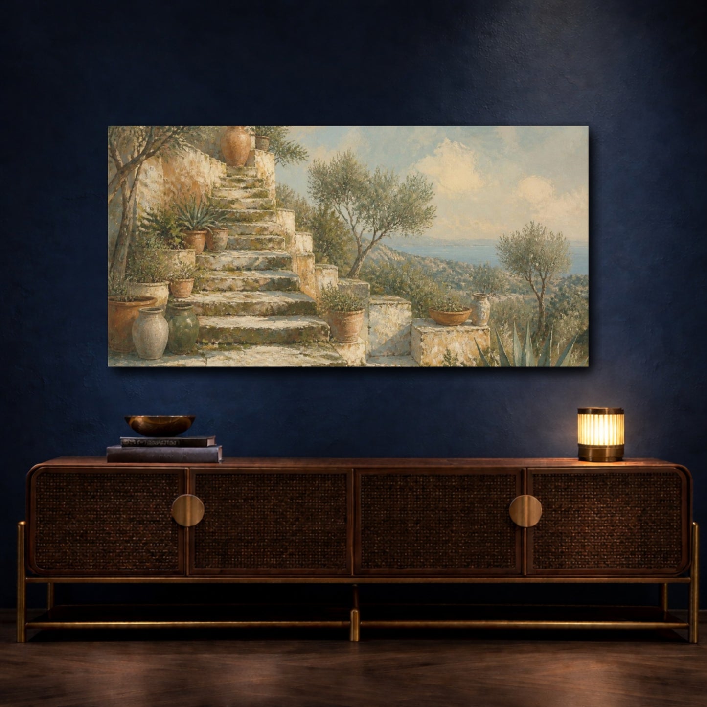 Mockup 4. Boho Mediterranean Stone Steps shown as canvas print