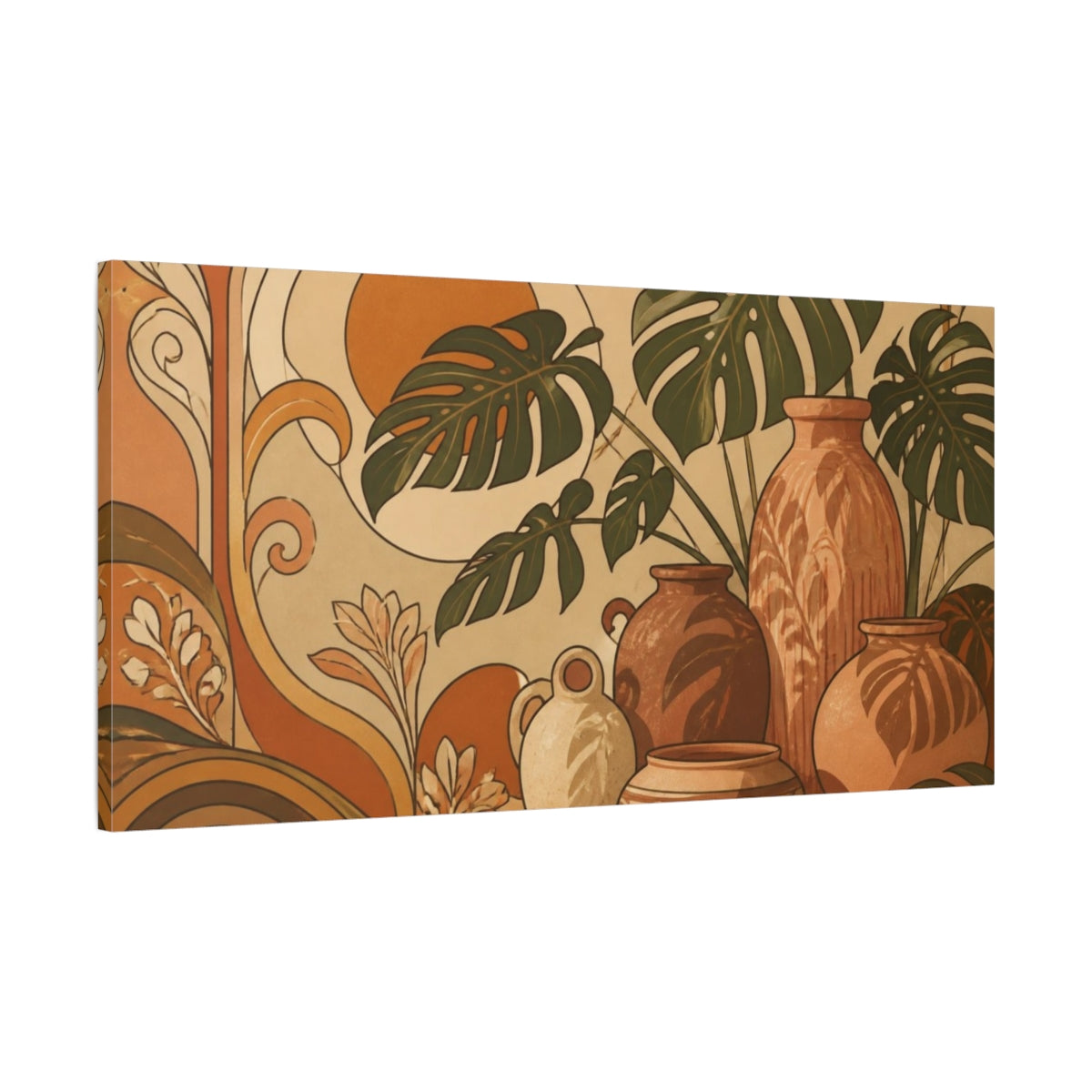 Main Mockup. Boho Monstera Pots shown as canvas print