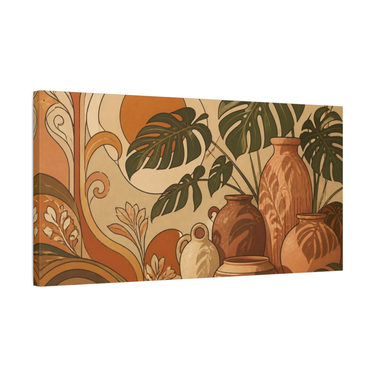 Side Mockup 1. Boho Monstera Pots shown as canvas print