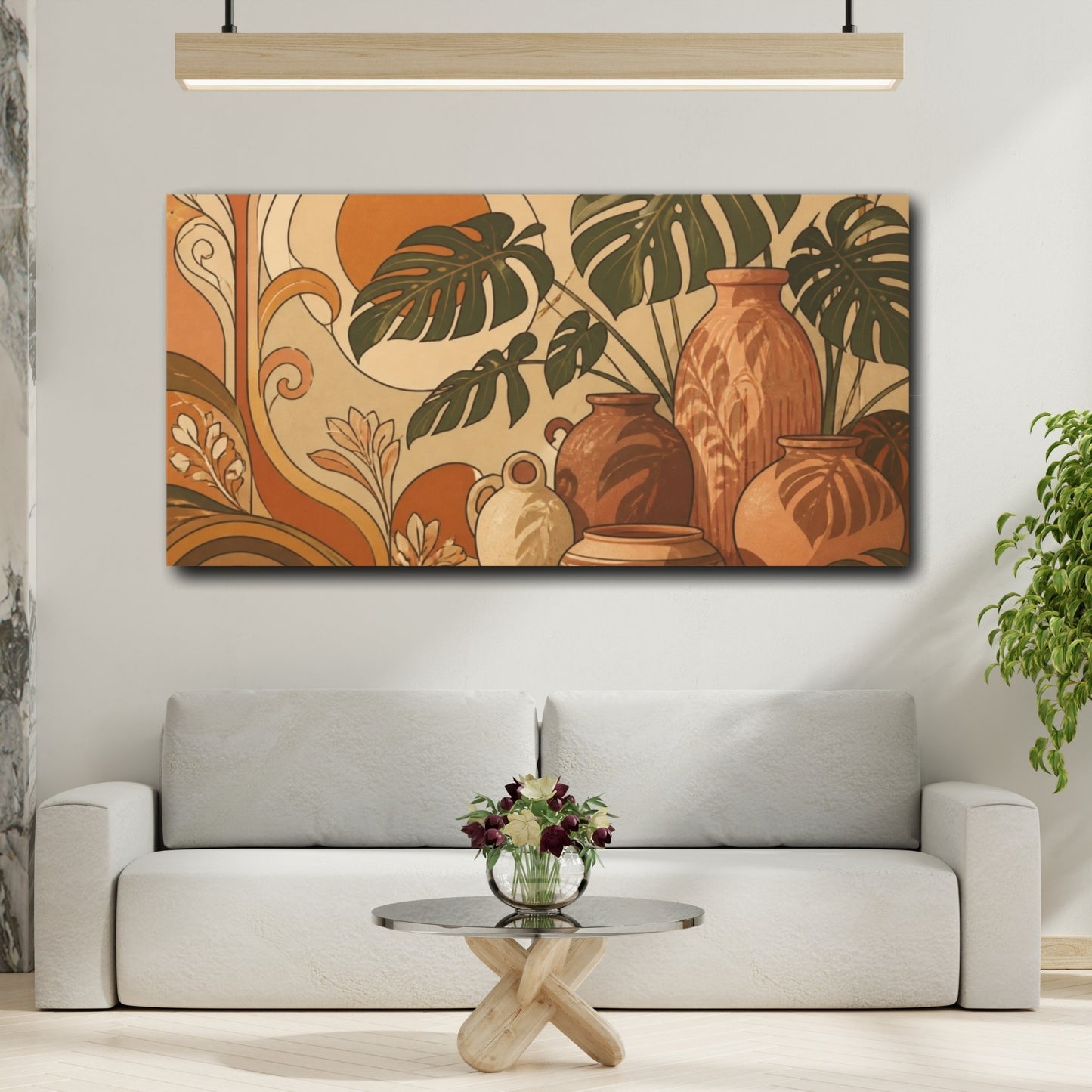 Mockup 2. Boho Monstera Pots shown as canvas print