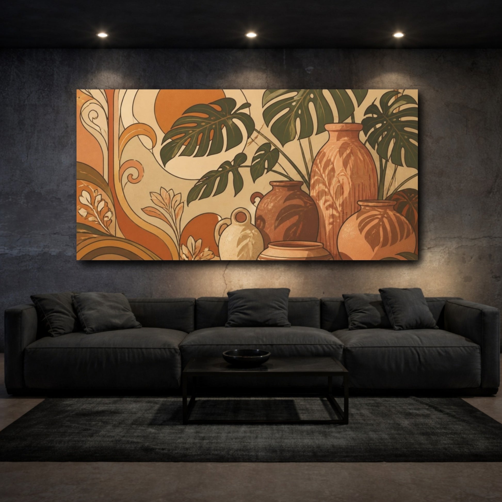 Mockup 3. Boho Monstera Pots shown as canvas print