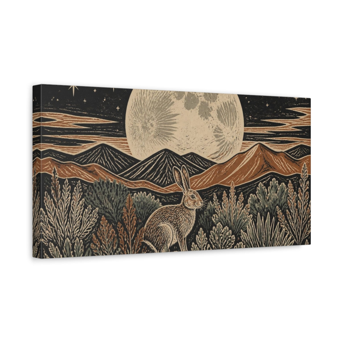 Side Mockup 3. Boho Moon Hare shown as canvas print