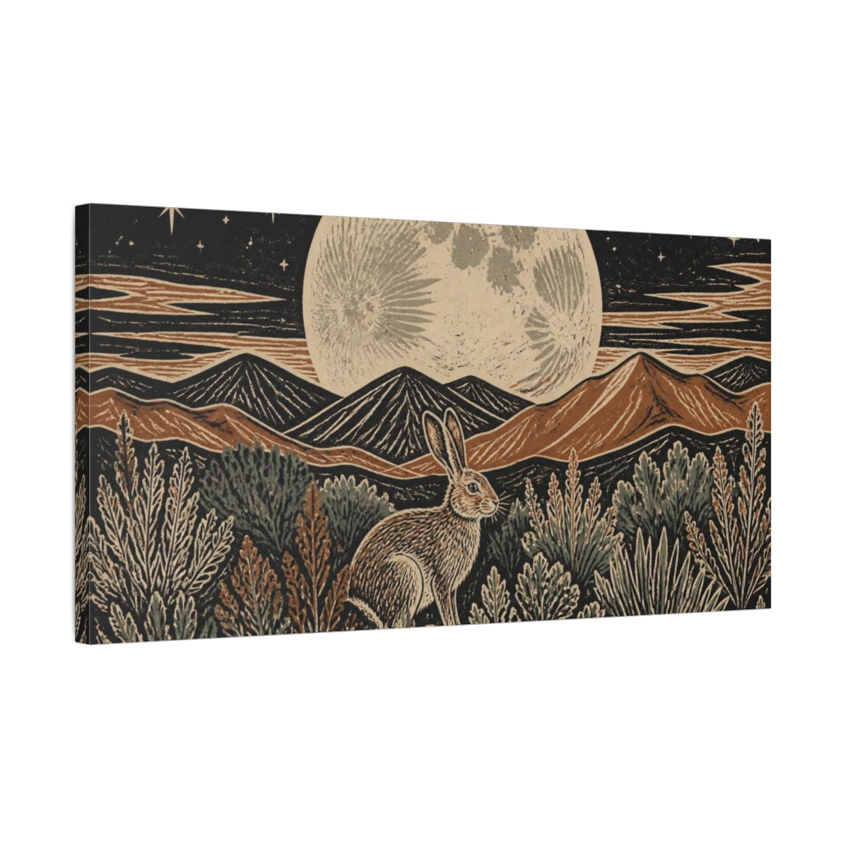 Side Mockup 1. Boho Moon Hare shown as canvas print