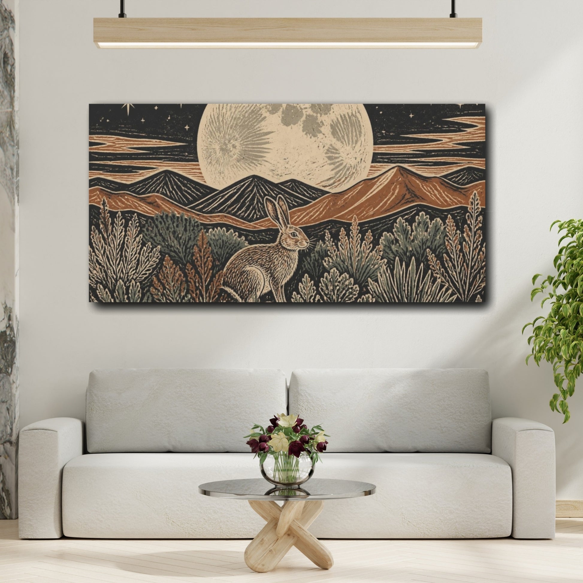 Mockup 2. Boho Moon Hare shown as canvas print