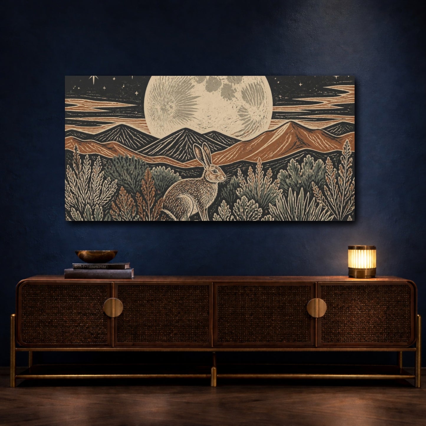 Mockup 4. Boho Moon Hare shown as canvas print