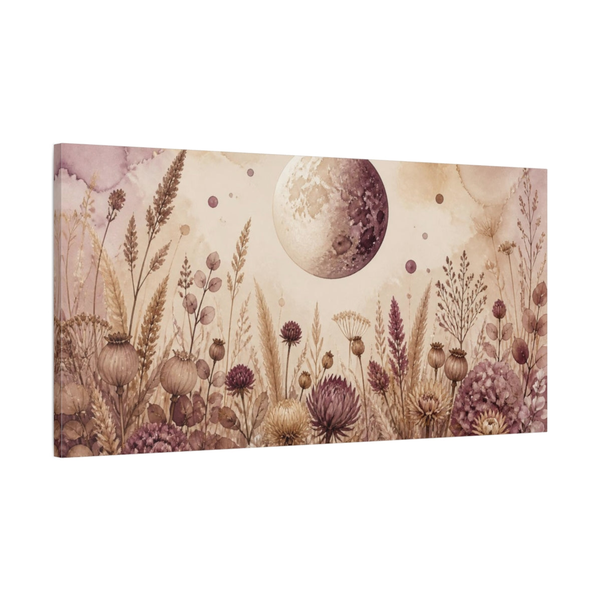 Main Mockup. Boho Moon Over Dried Flowers shown as canvas print