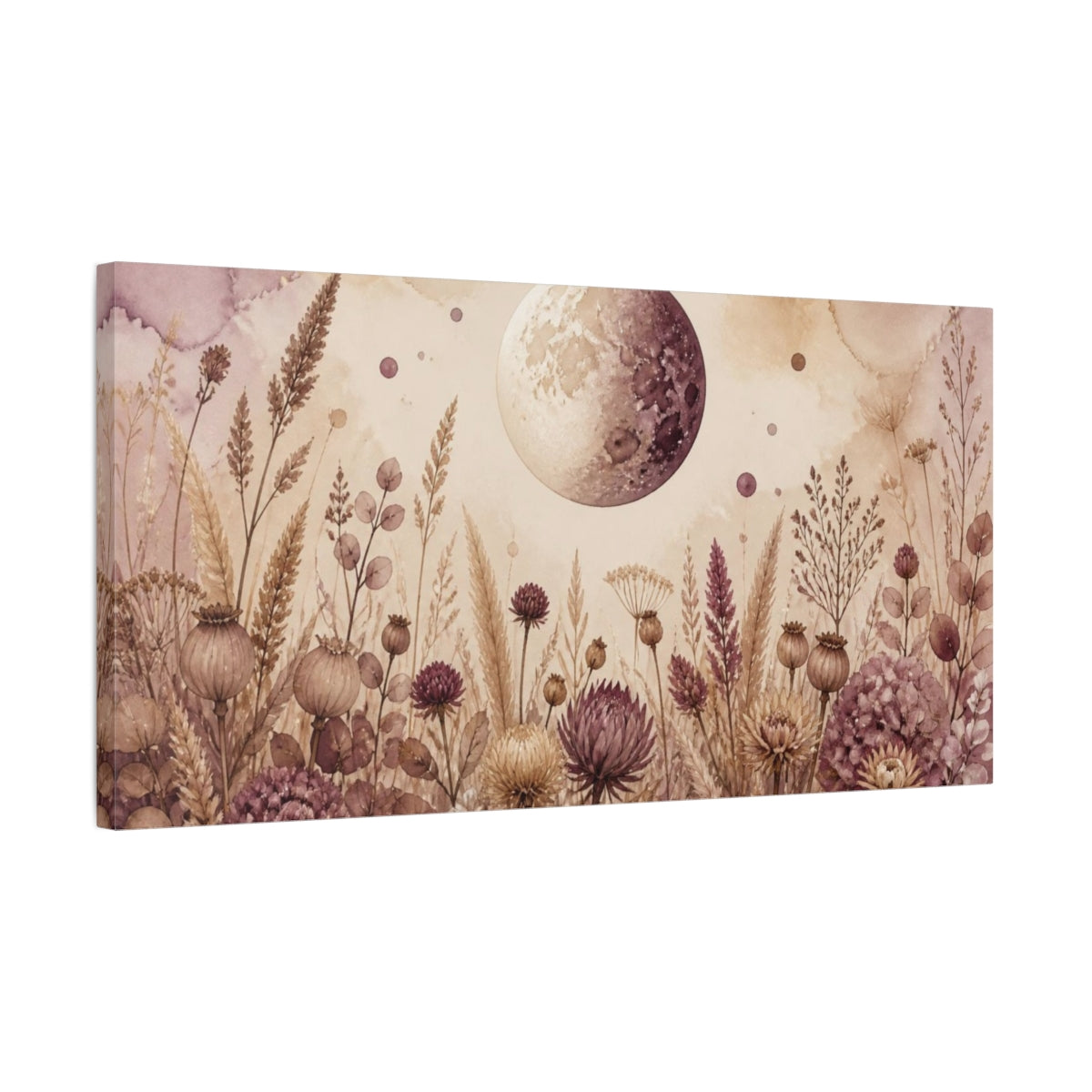 Side Mockup 1. Boho Moon Over Dried Flowers shown as canvas print