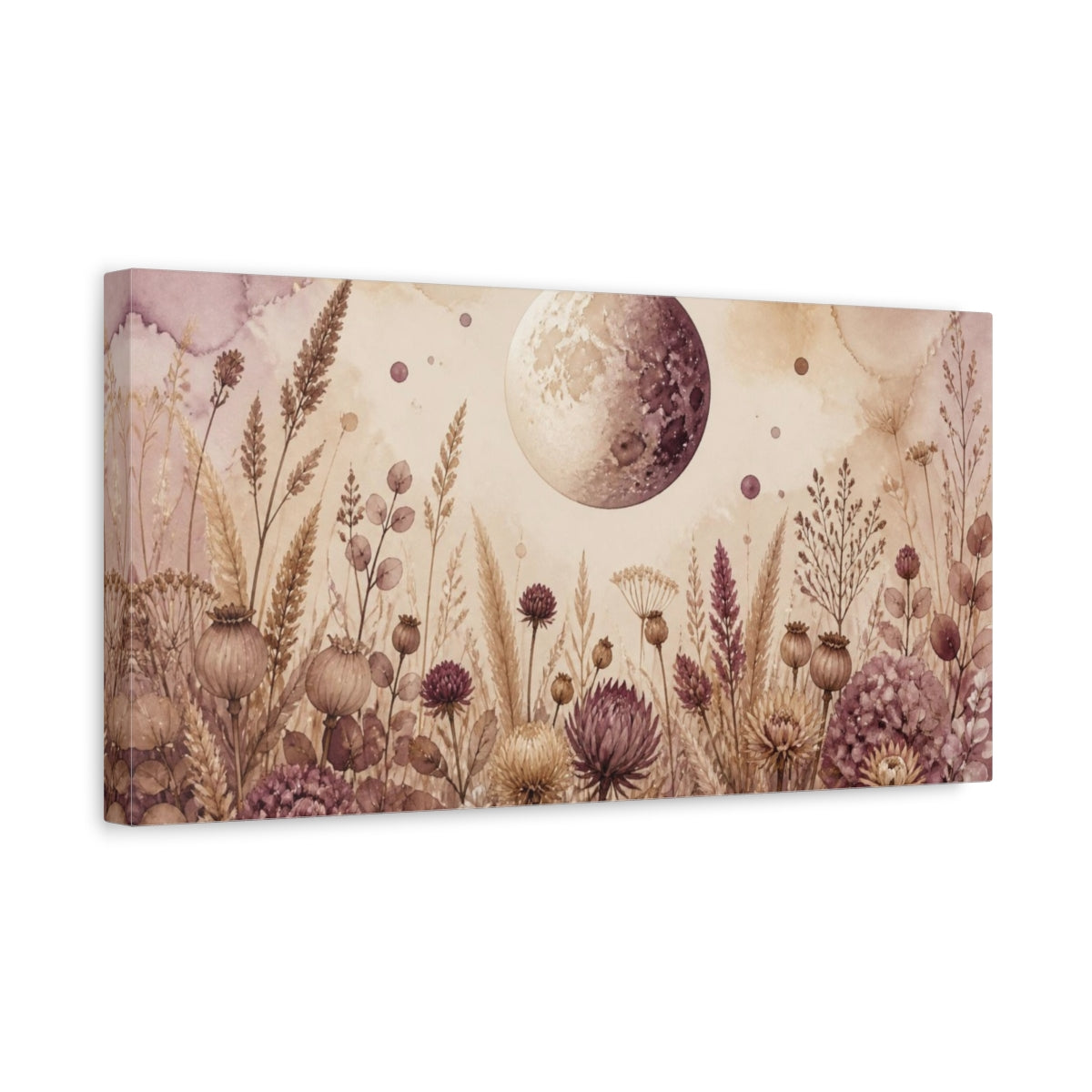 Side Mockup 3. Boho Moon Over Dried Flowers shown as canvas print
