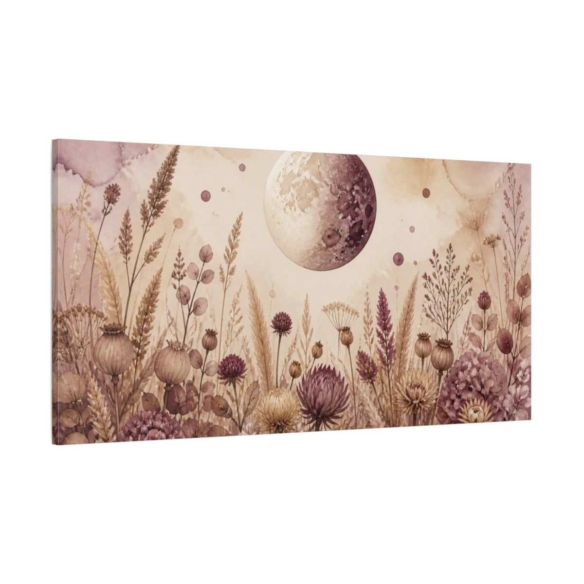 Side Mockup 2. Boho Moon Over Dried Flowers shown as canvas print