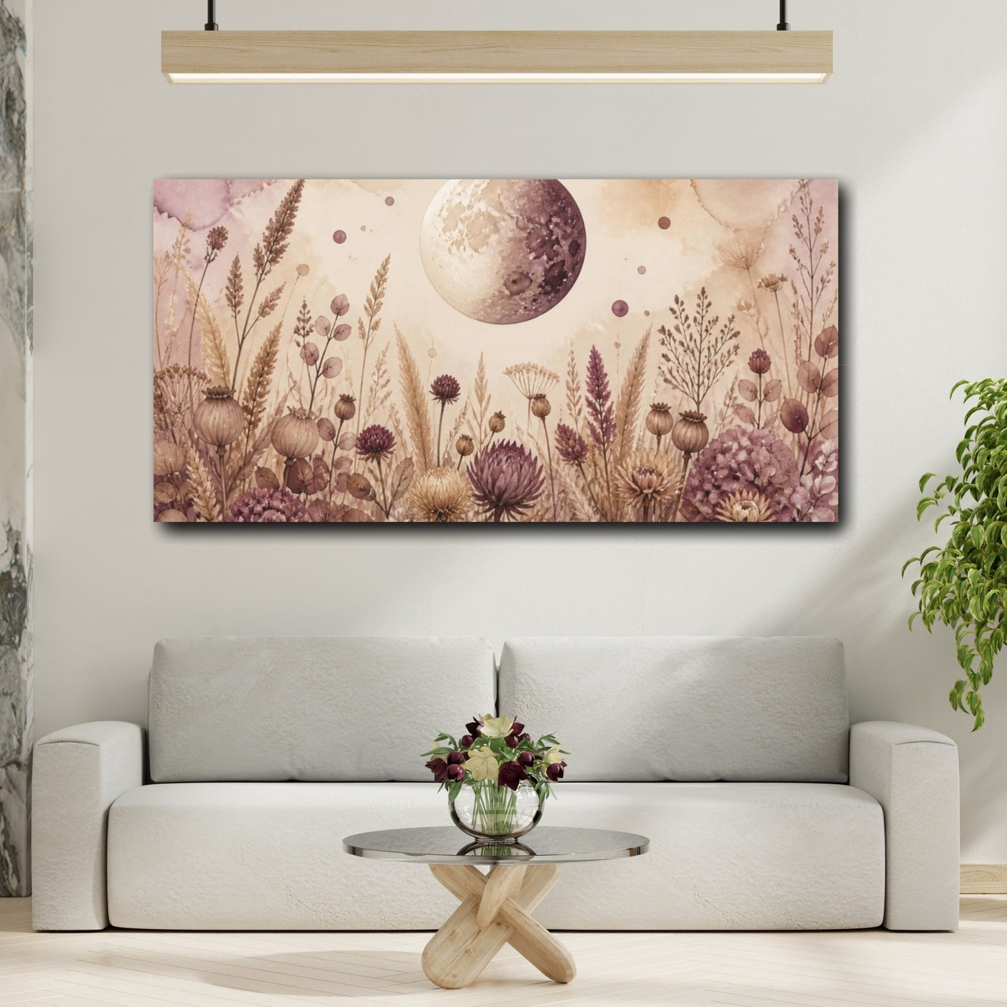 Mockup 2. Boho Moon Over Dried Flowers shown as canvas print