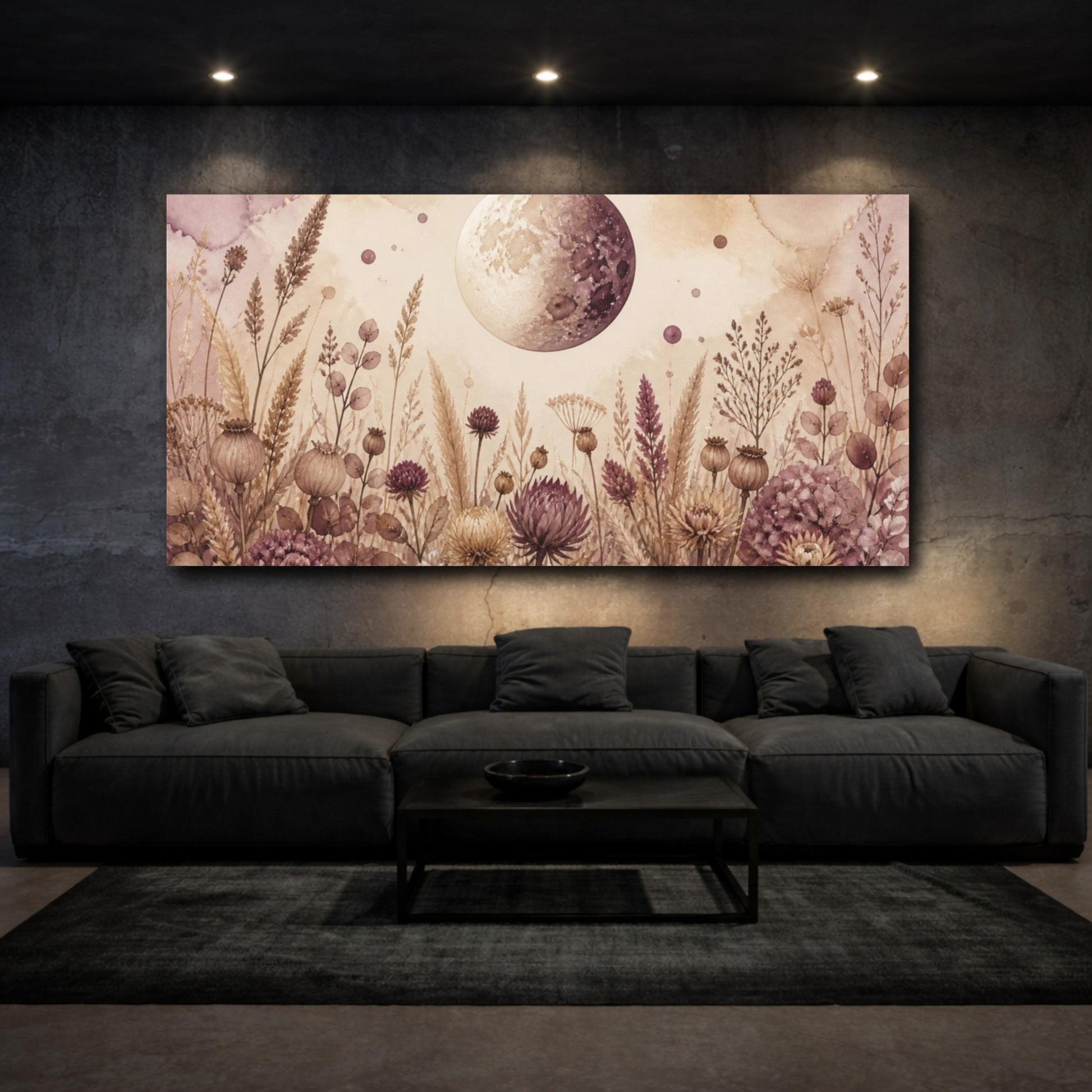 Mockup 3. Boho Moon Over Dried Flowers shown as canvas print