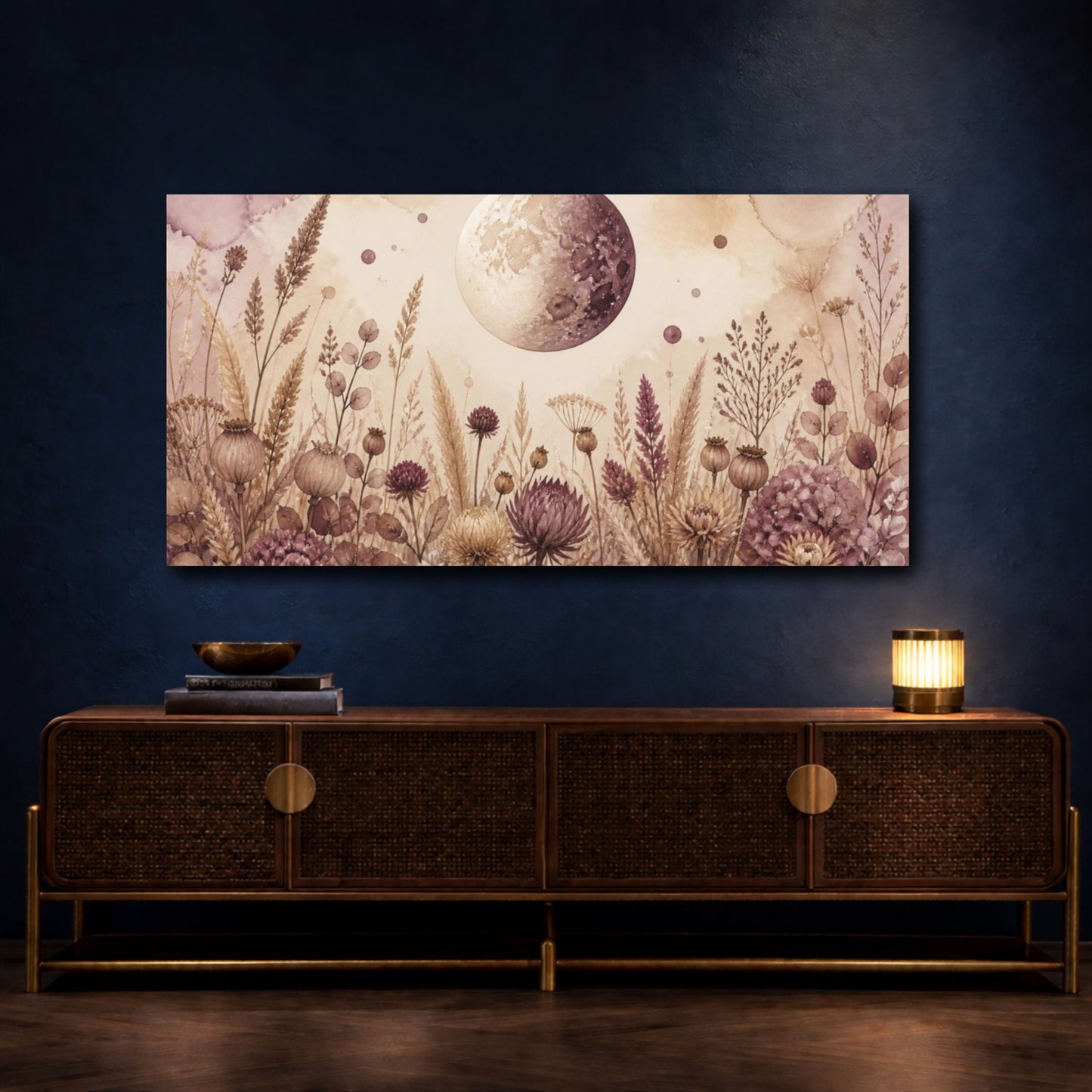 Mockup 4. Boho Moon Over Dried Flowers shown as canvas print