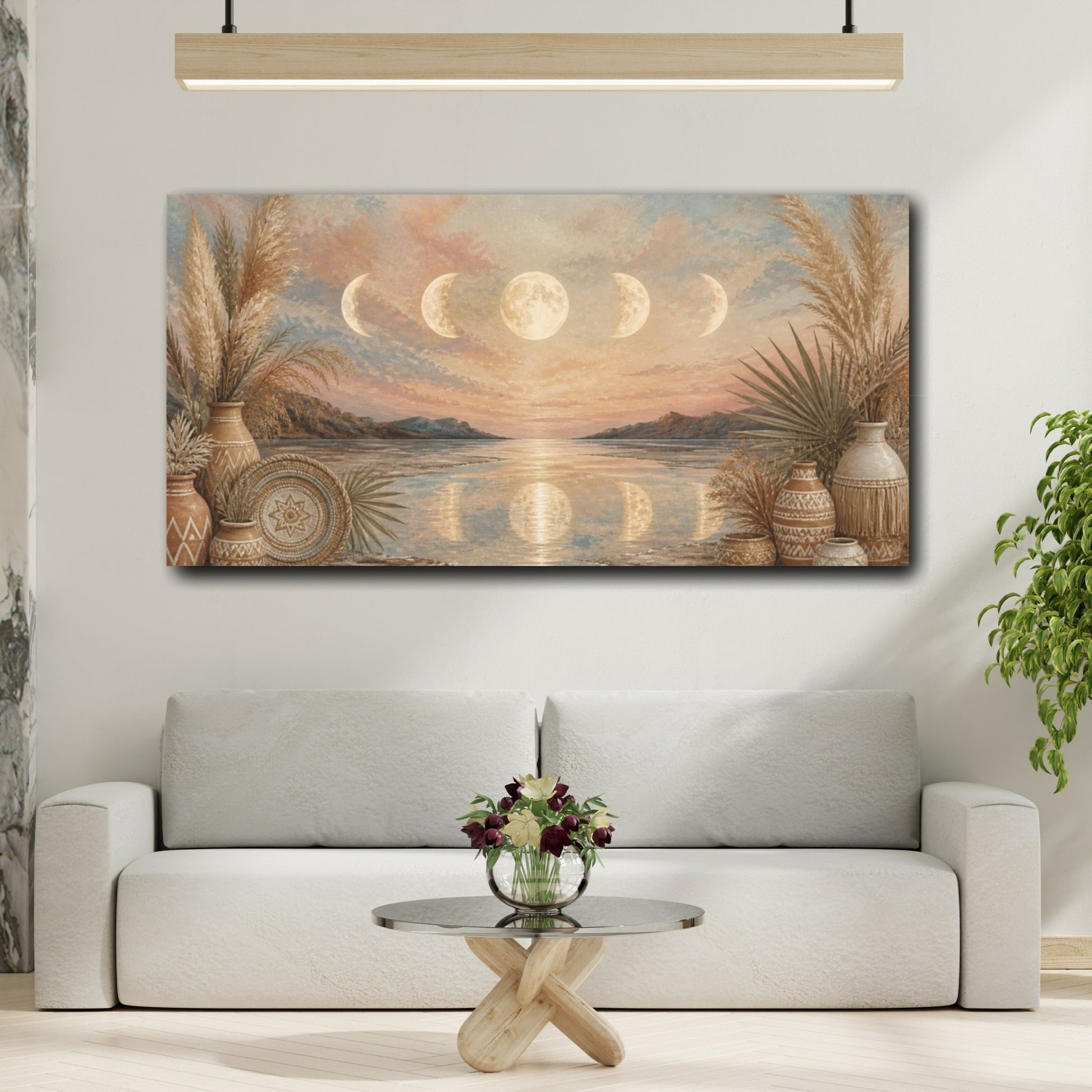 Mockup 2. Boho Moon Phases Seascape shown as canvas print