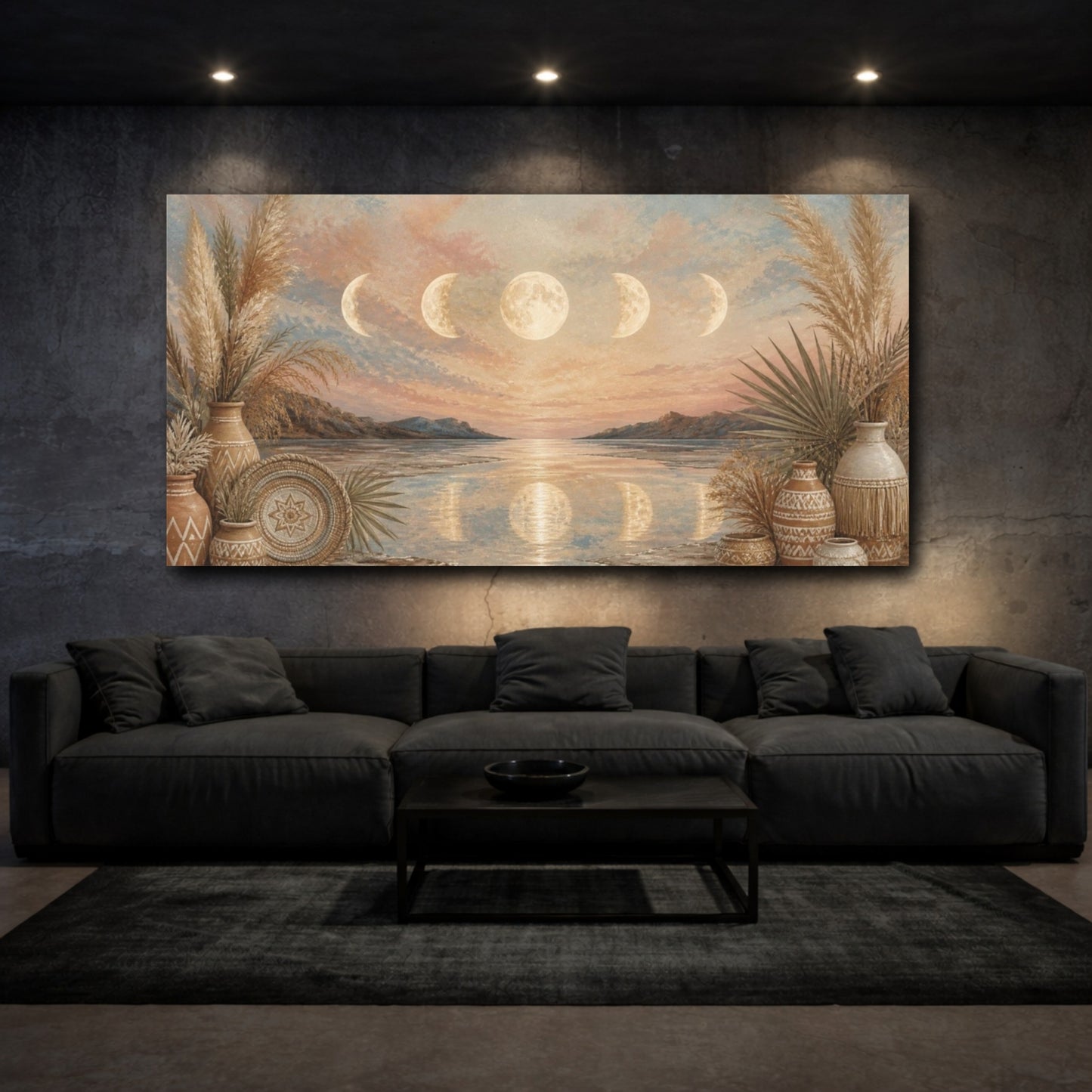 Mockup 3. Boho Moon Phases Seascape shown as canvas print