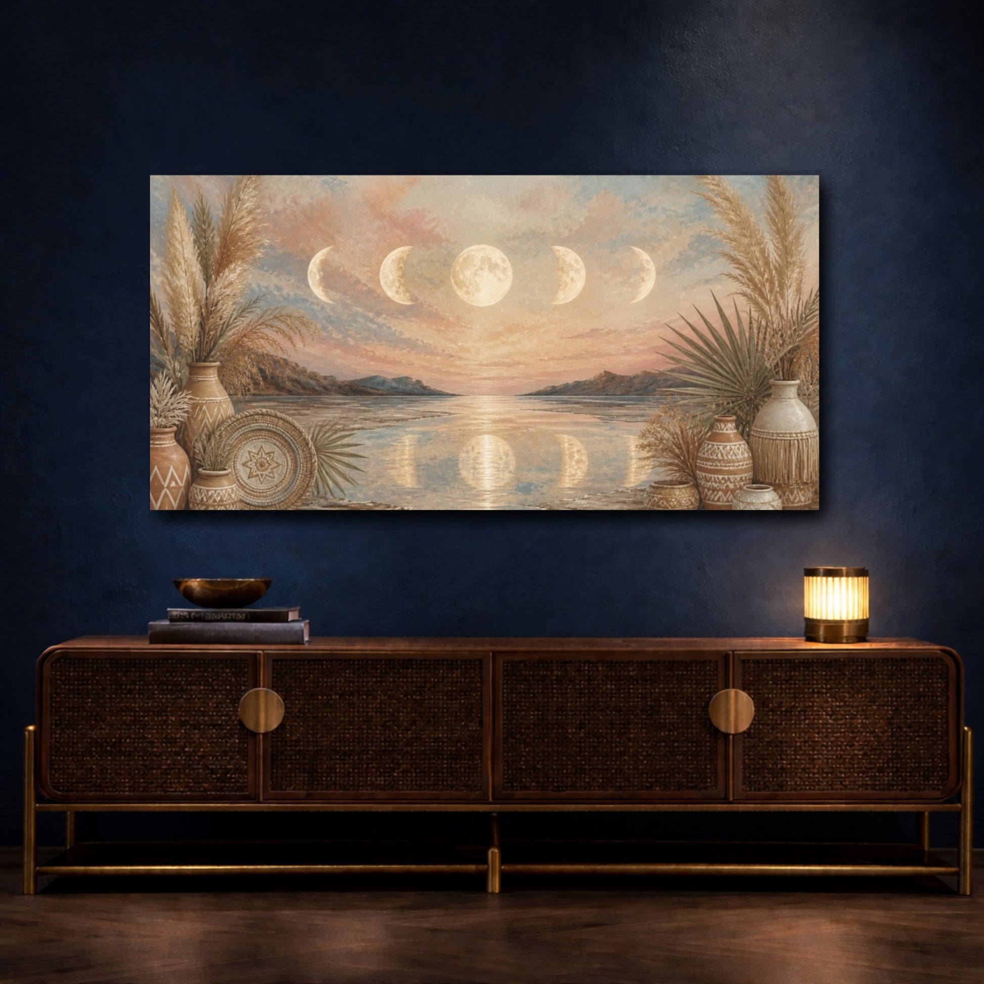 Mockup 4. Boho Moon Phases Seascape shown as canvas print