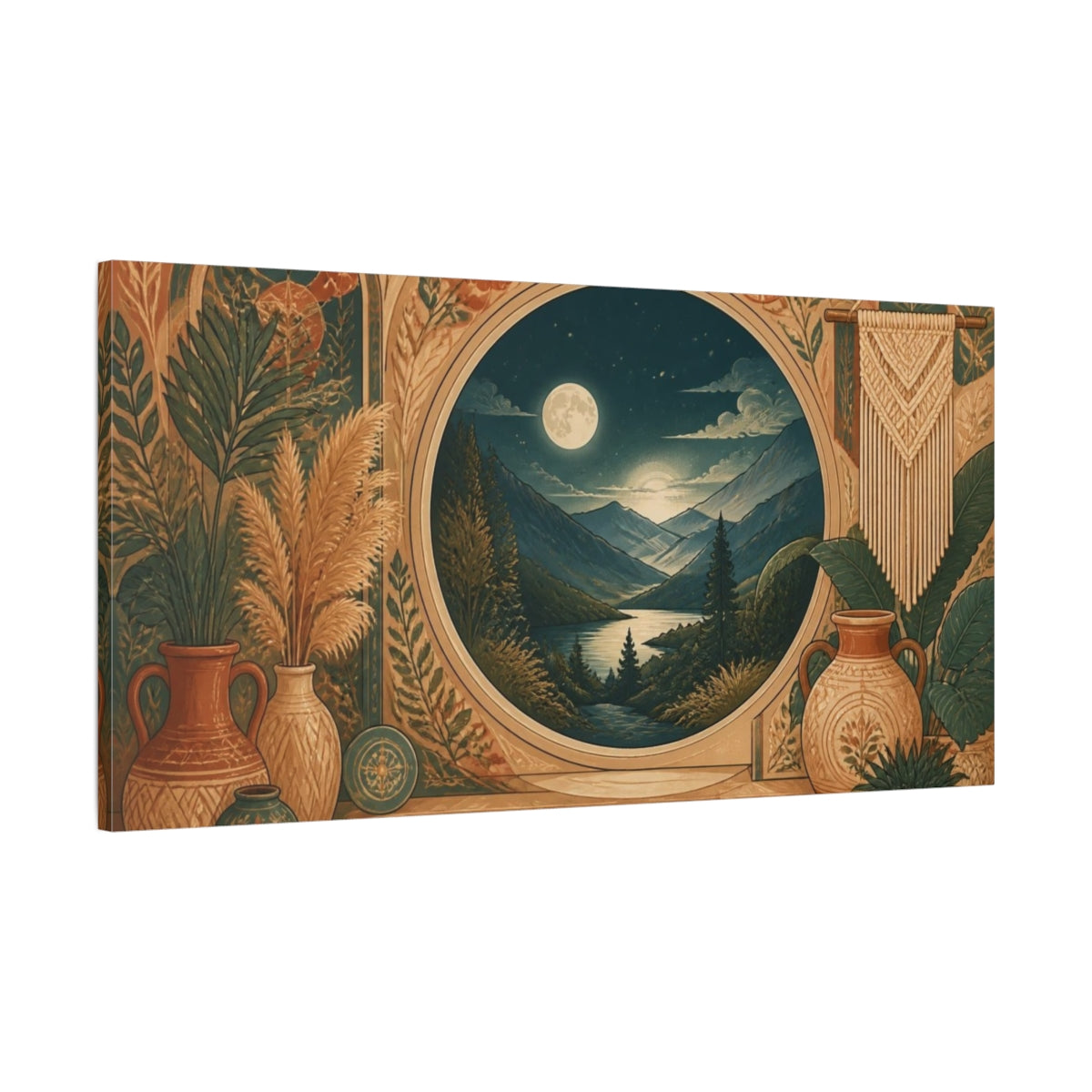 Main Mockup. Boho Moonlit Mountain Valley shown as canvas print