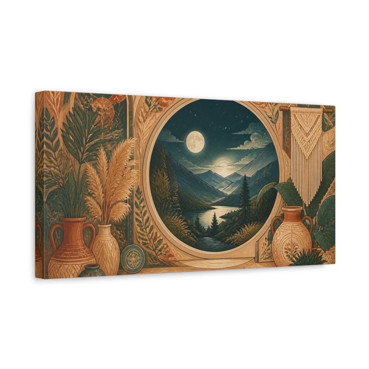 Side Mockup 3. Boho Moonlit Mountain Valley shown as canvas print