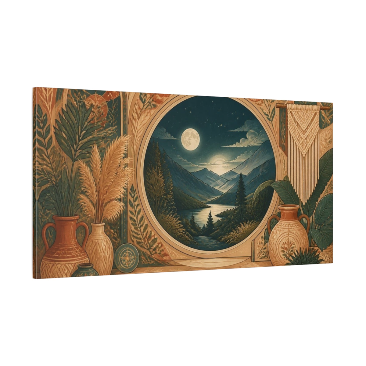 Side Mockup 2. Boho Moonlit Mountain Valley shown as canvas print