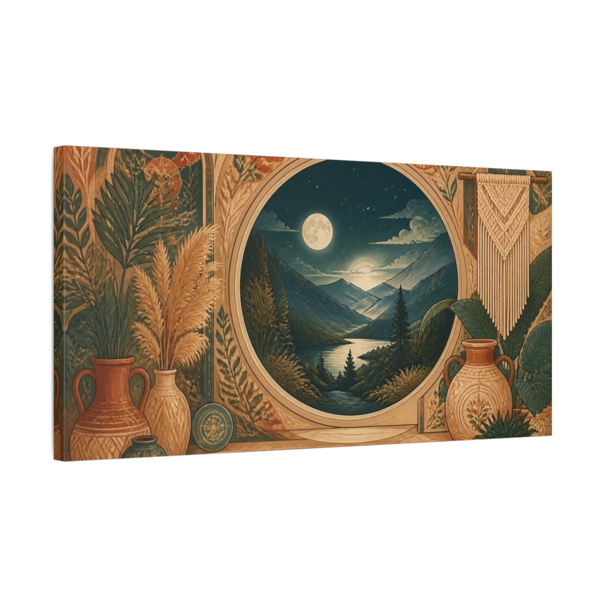Side Mockup 1. Boho Moonlit Mountain Valley shown as canvas print