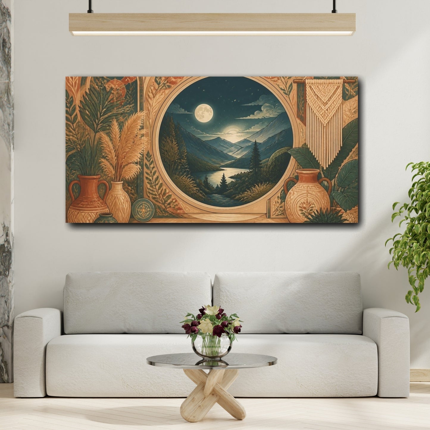 Mockup 2. Boho Moonlit Mountain Valley shown as canvas print