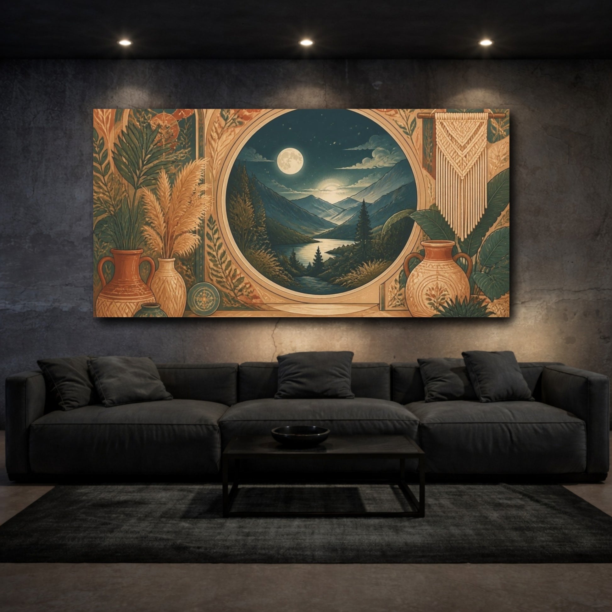 Mockup 3. Boho Moonlit Mountain Valley shown as canvas print