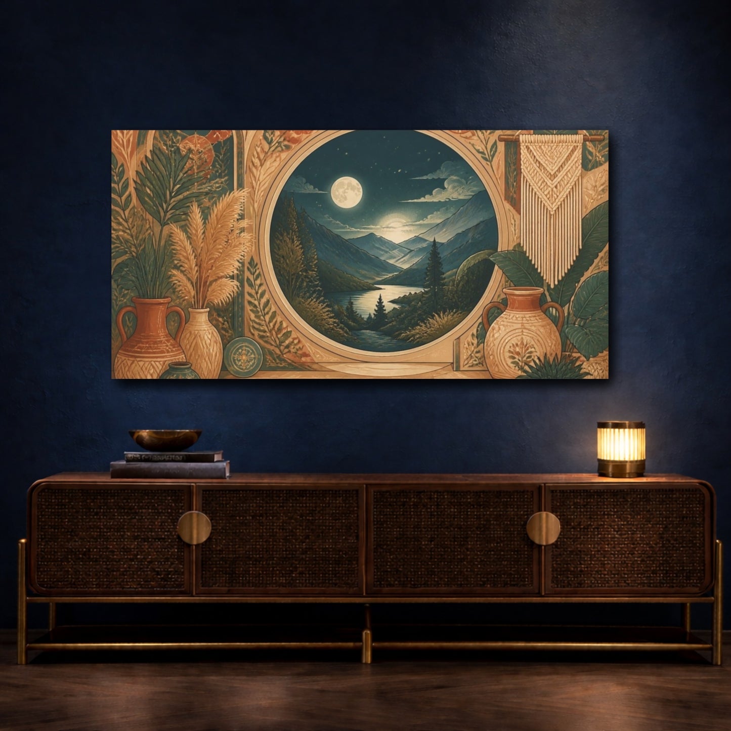 Mockup 4. Boho Moonlit Mountain Valley shown as canvas print