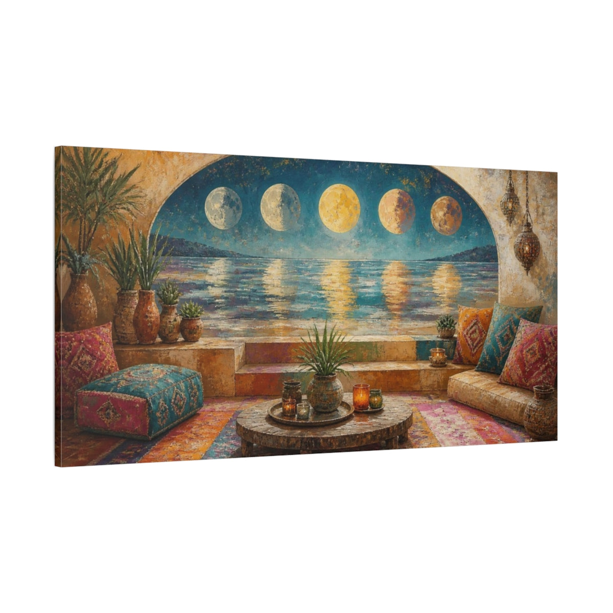 Side Mockup 2. Boho Moonlit Oasis shown as canvas print