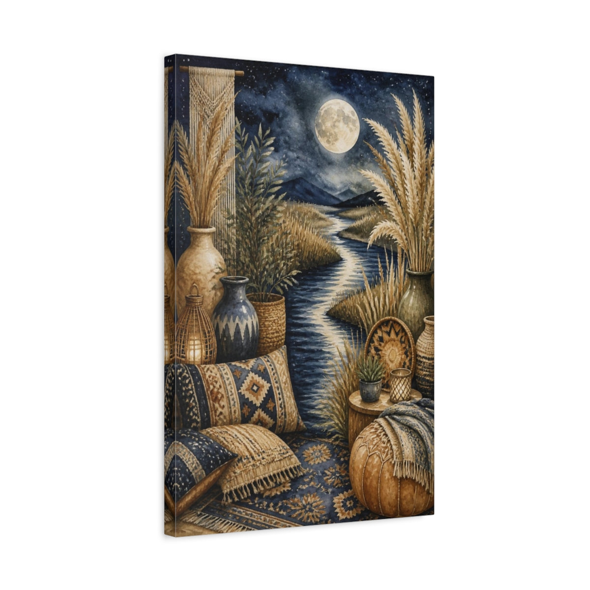 Side Mockup 3. Boho Moonlit River Retreat shown as canvas print