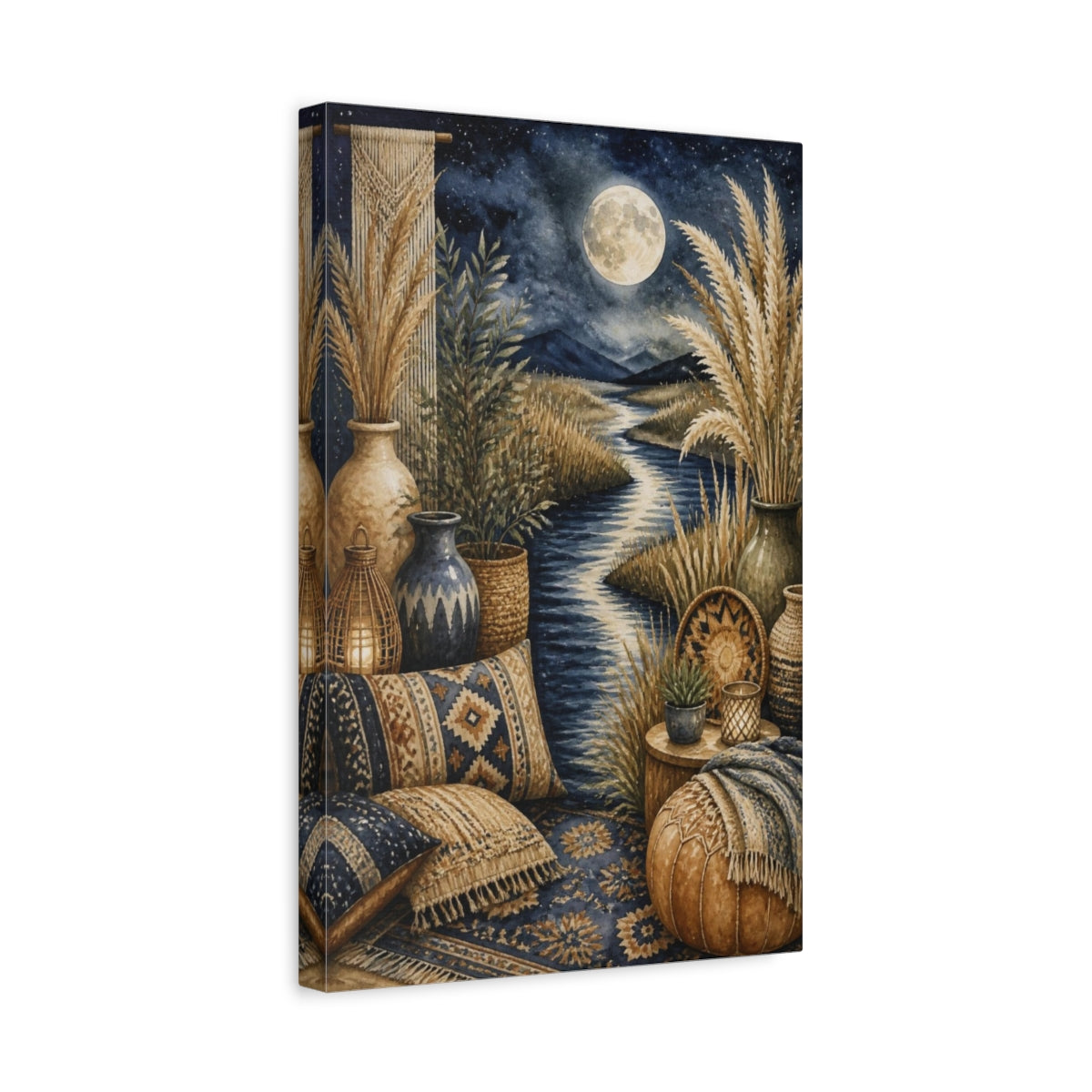 Side Mockup 4. Boho Moonlit River Retreat shown as canvas print