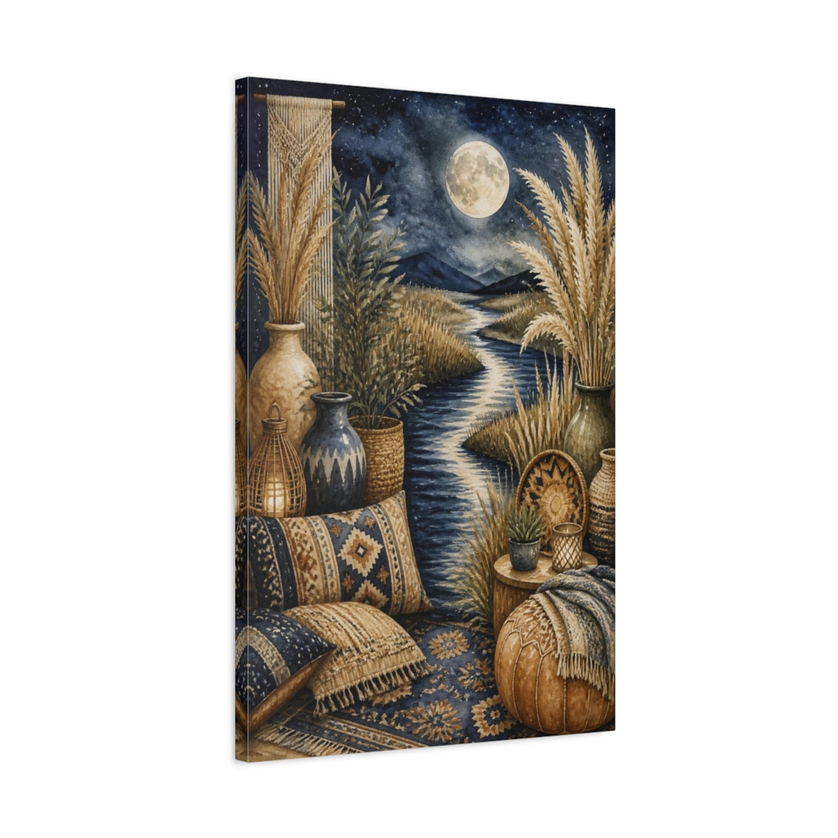 Side Mockup 2. Boho Moonlit River Retreat shown as canvas print