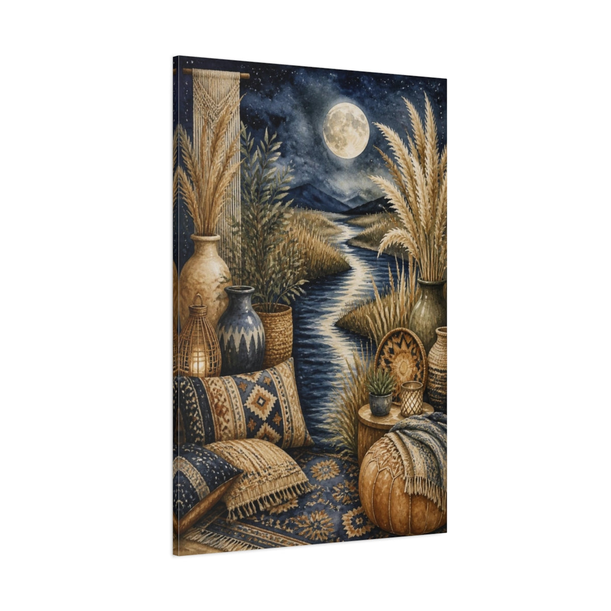 Side Mockup 1. Boho Moonlit River Retreat shown as canvas print