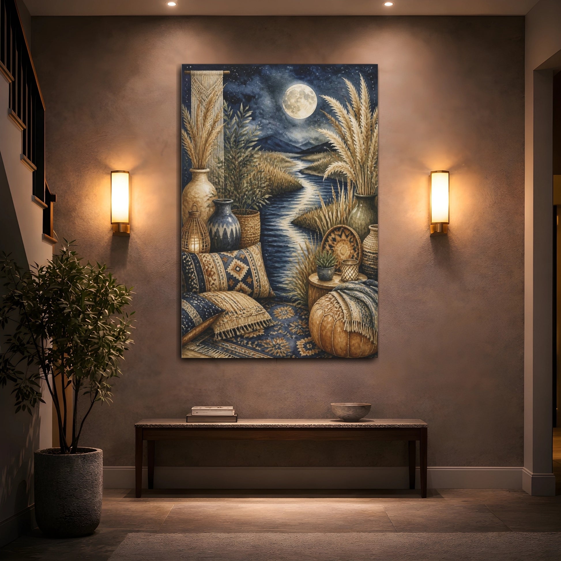 Mockup 2. Boho Moonlit River Retreat shown as canvas print