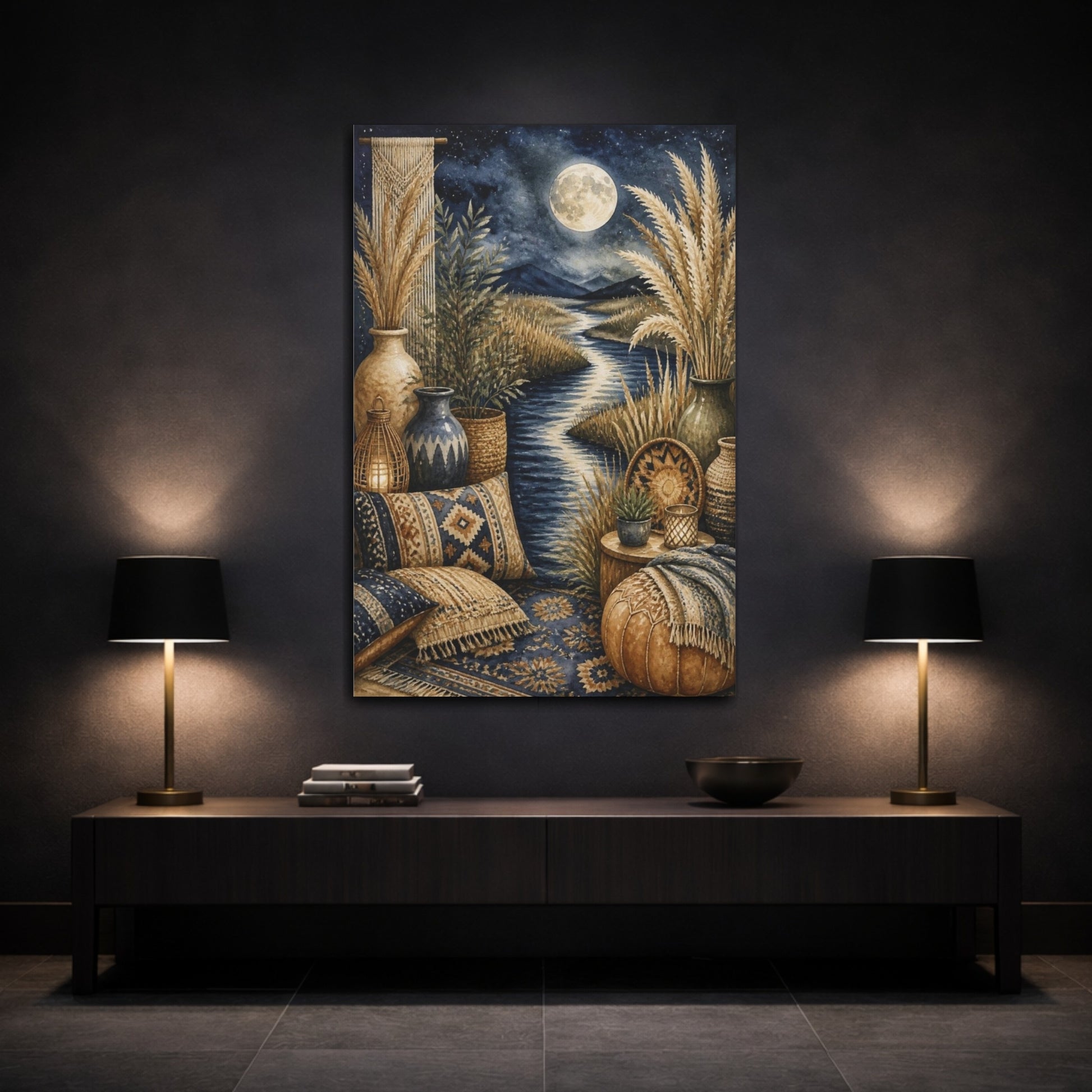 Mockup 3. Boho Moonlit River Retreat shown as canvas print
