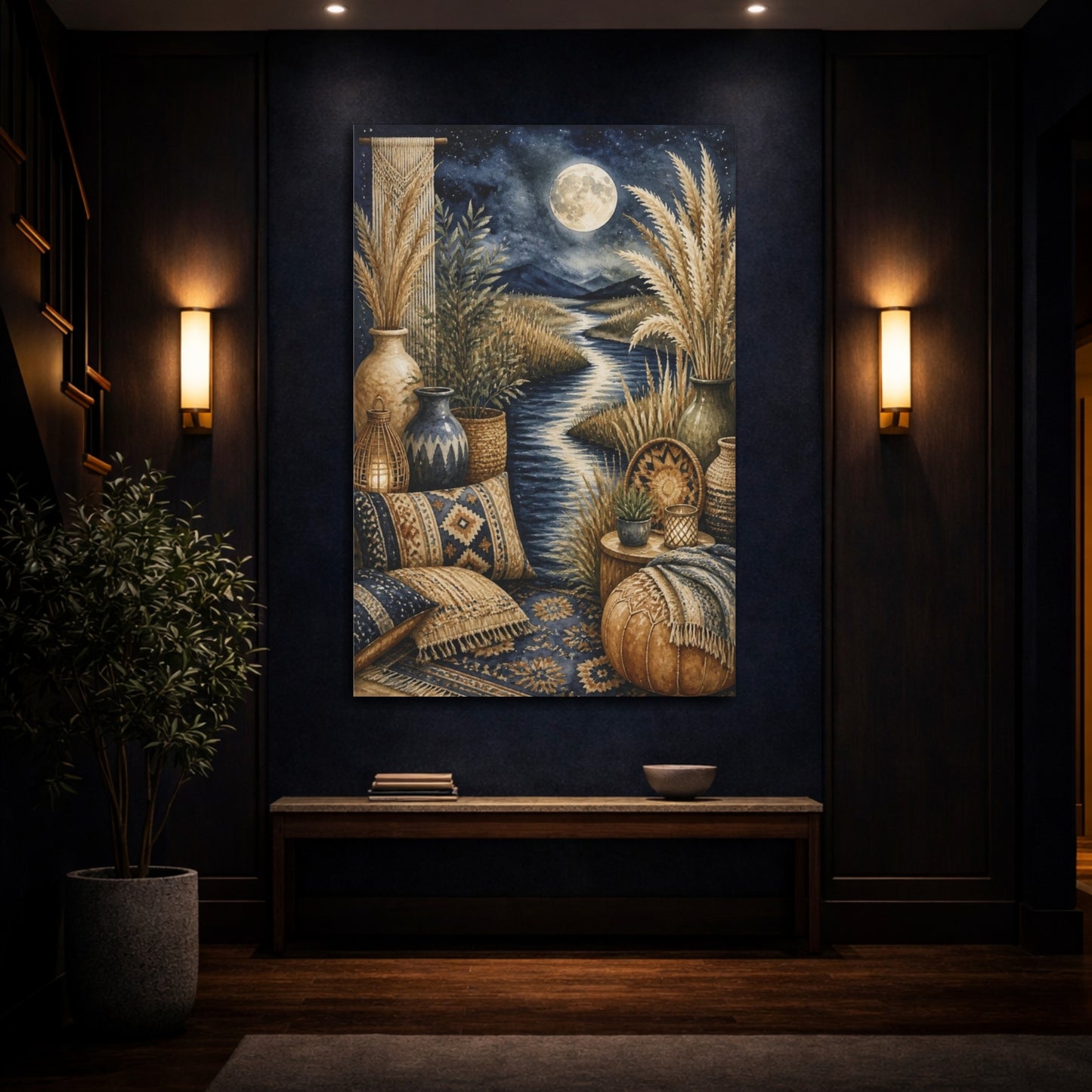 Mockup 4. Boho Moonlit River Retreat shown as canvas print