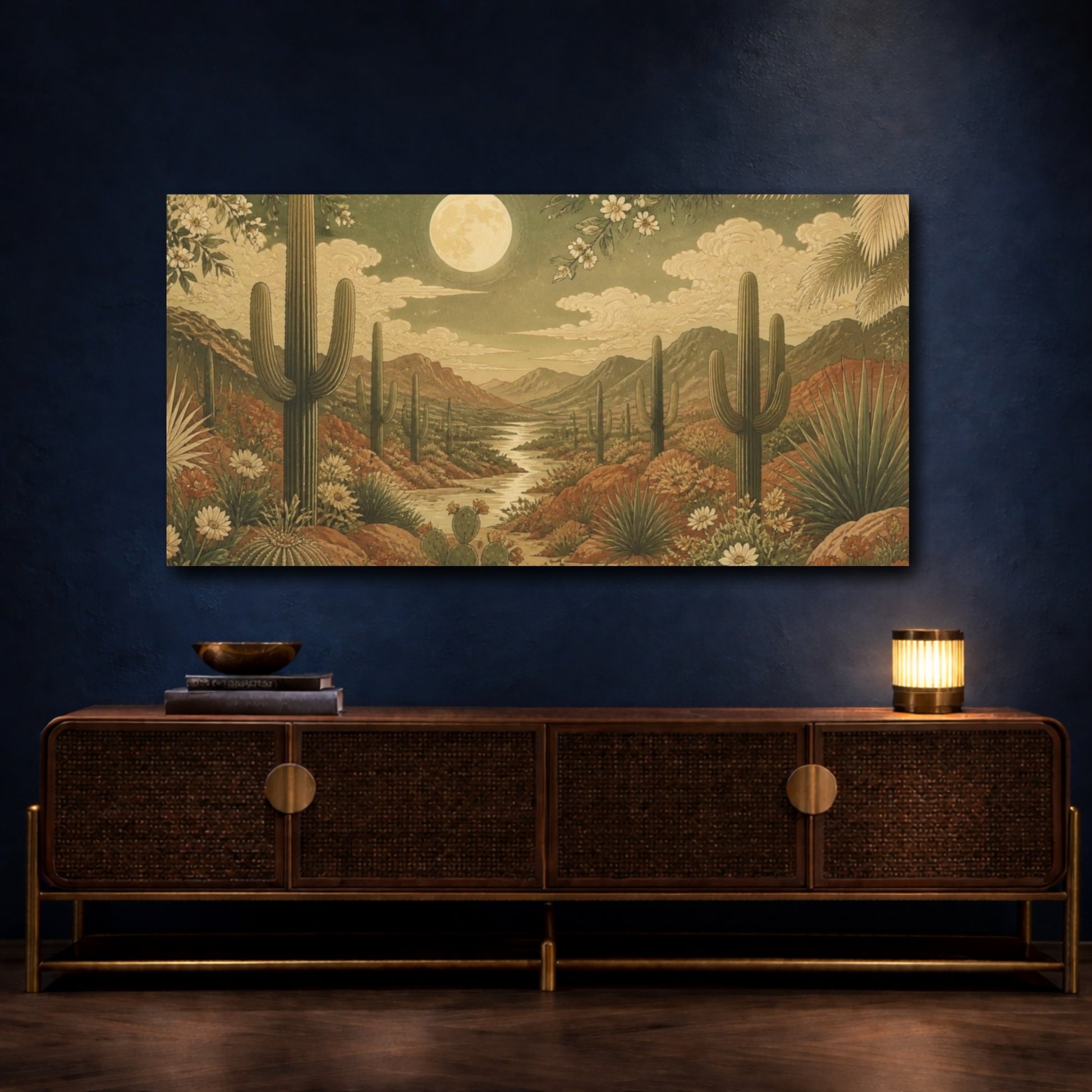 Mockup 4. Boho Moonlit Saguaro shown as canvas print
