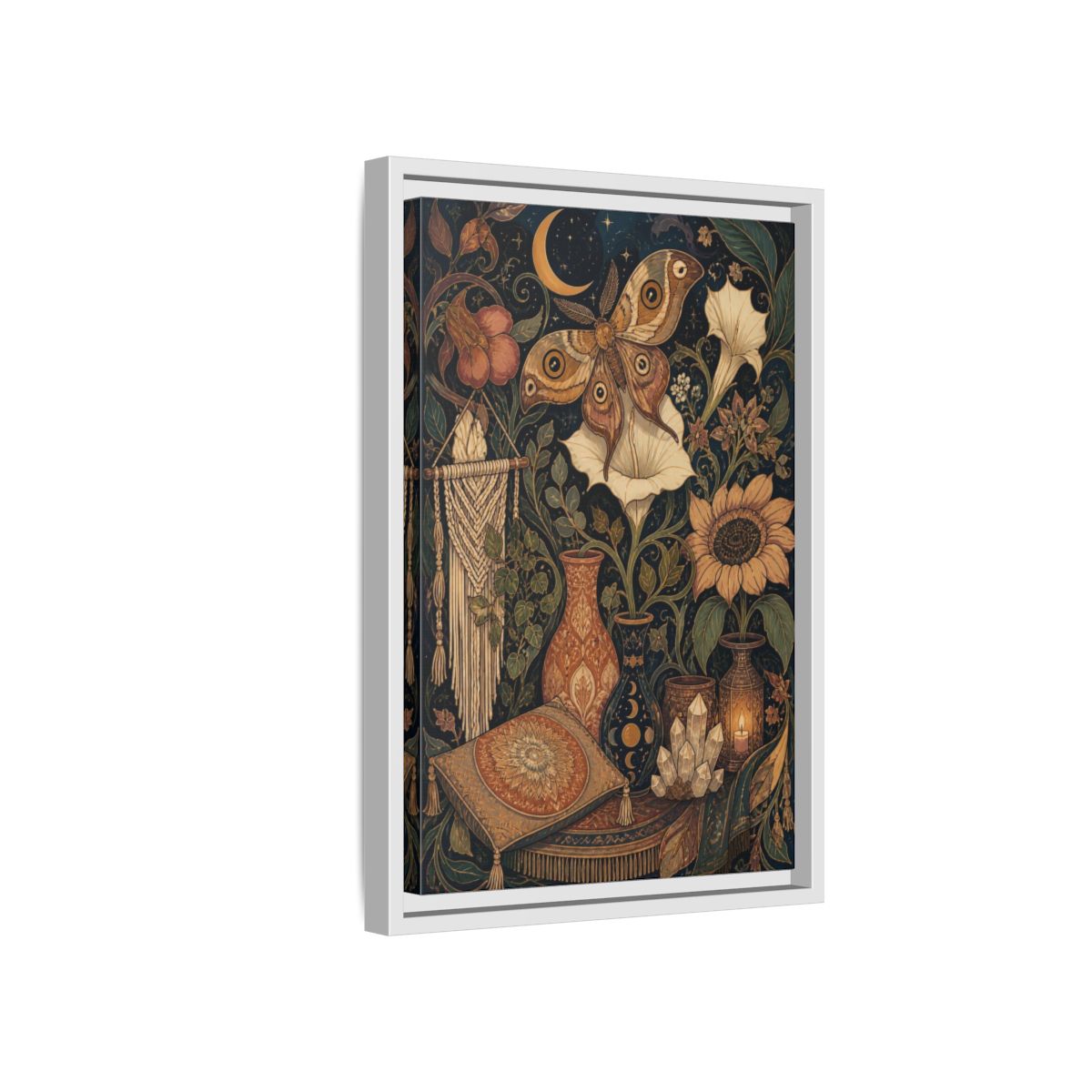Side Mockup 4. Boho Moth Moon Garden shown as framed canvas print