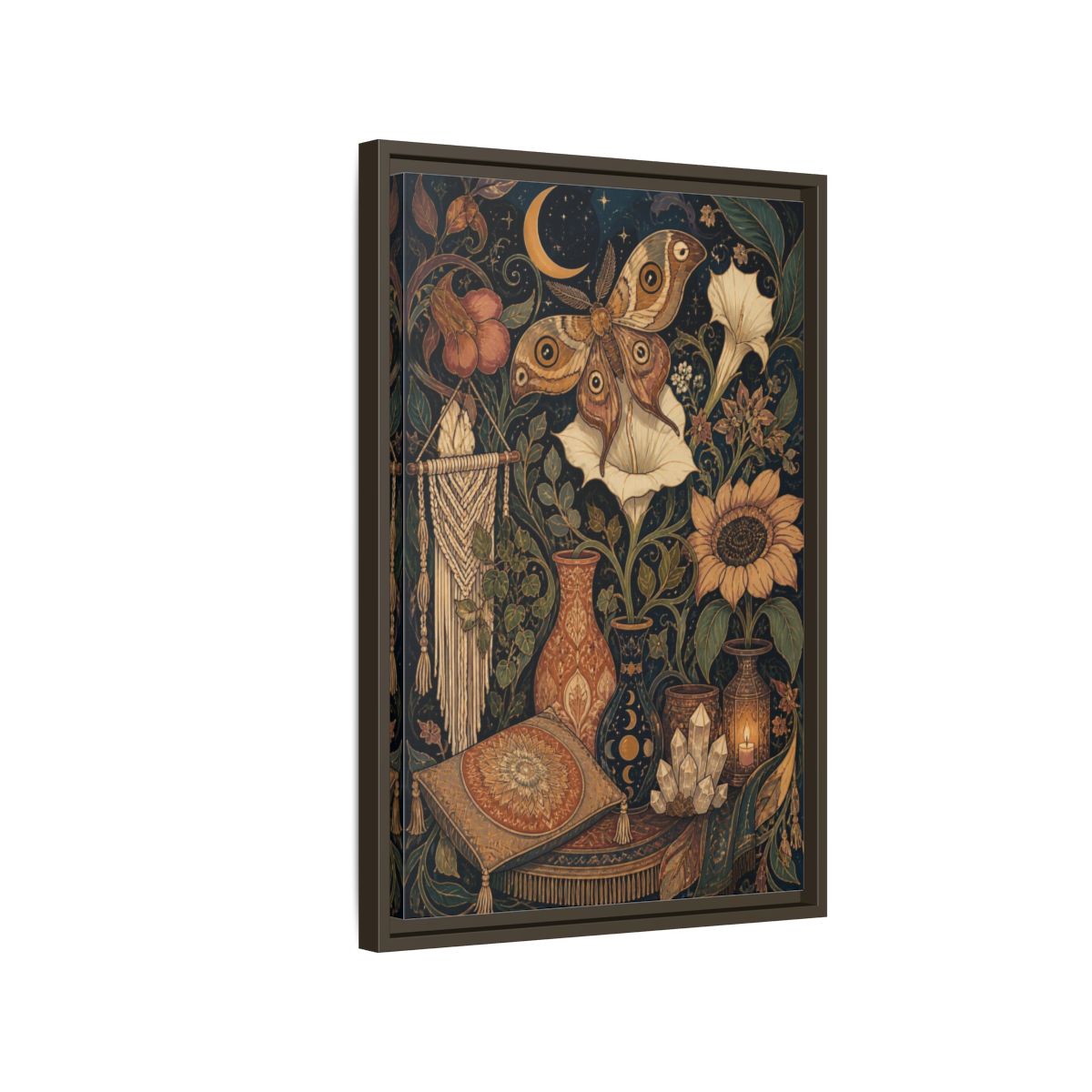 Side Mockup 2. Boho Moth Moon Garden shown as framed canvas print