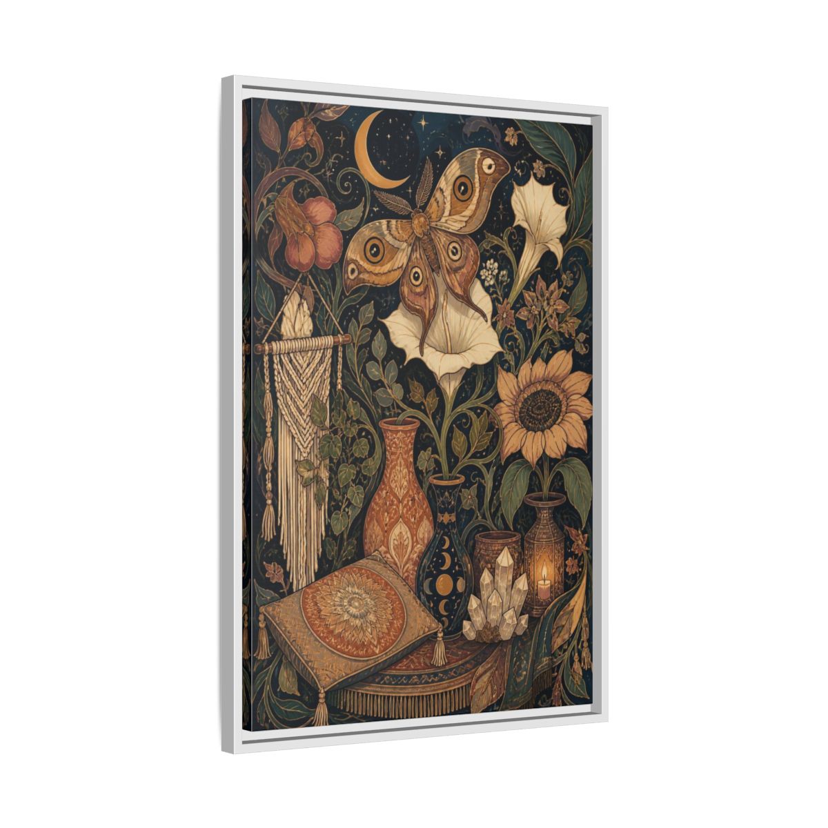 Side Mockup 10. Boho Moth Moon Garden shown as framed canvas print