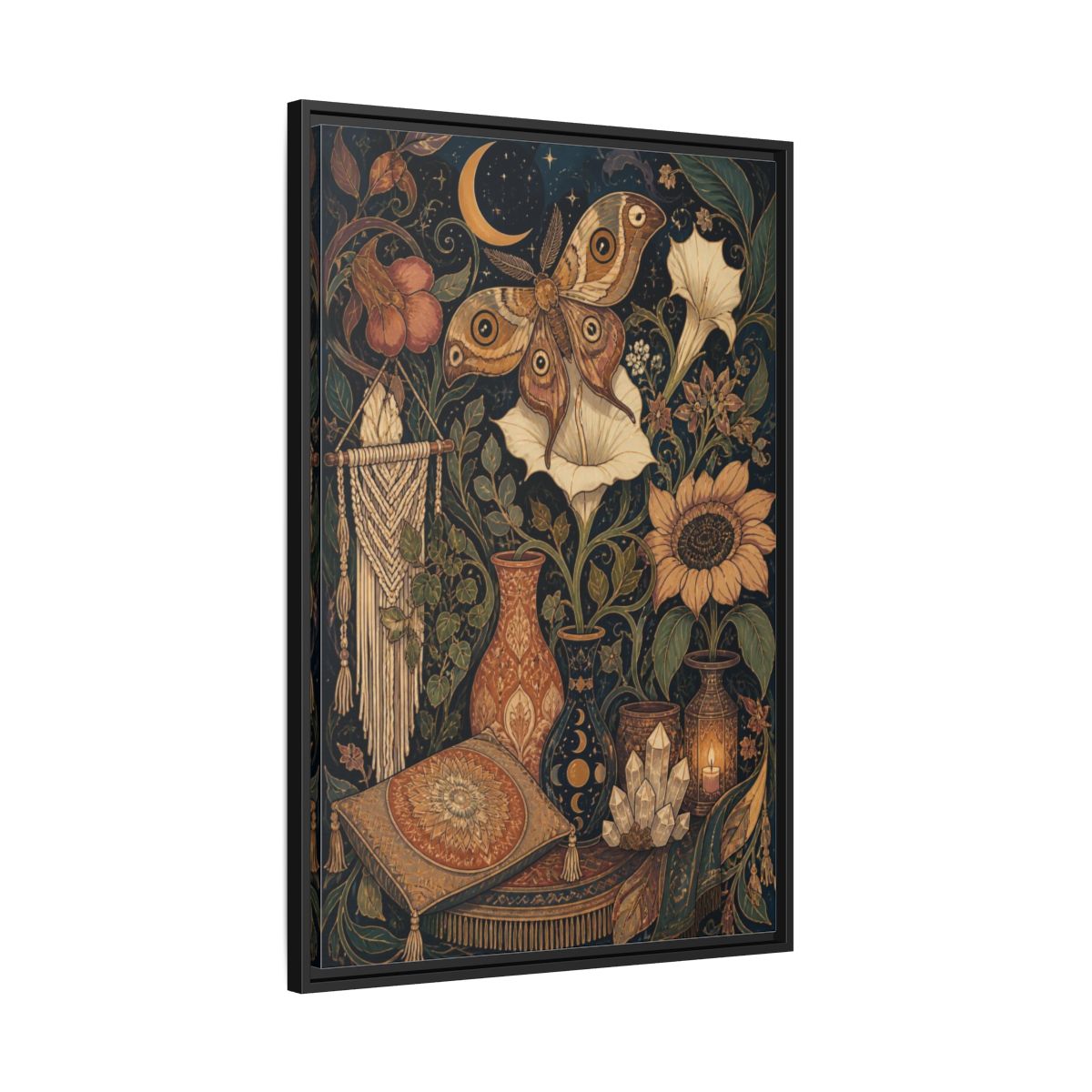 Side Mockup 13. Boho Moth Moon Garden shown as framed canvas print