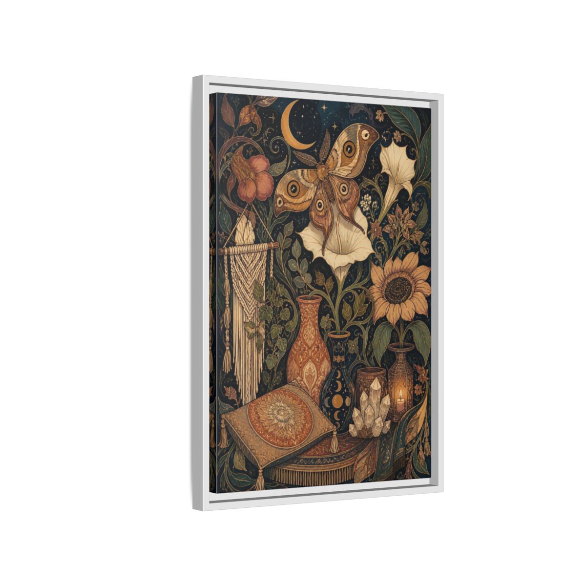 Side Mockup 1. Boho Moth Moon Garden shown as framed canvas print