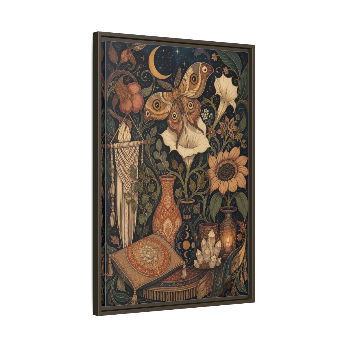 Side Mockup 11. Boho Moth Moon Garden shown as framed canvas print