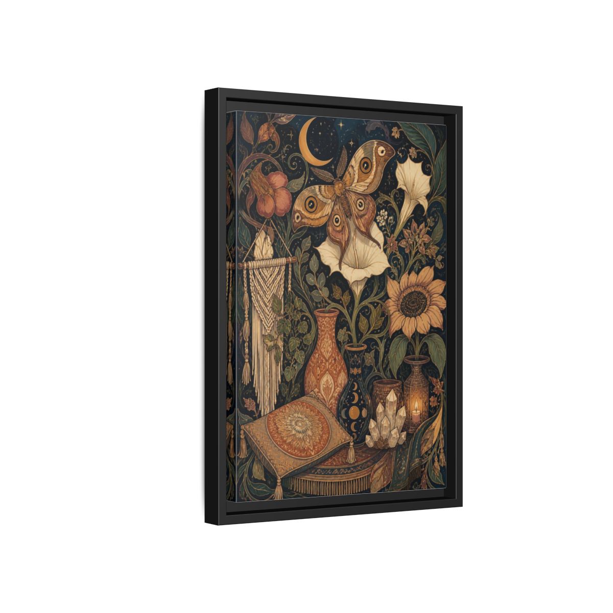 Side Mockup 6. Boho Moth Moon Garden shown as framed canvas print